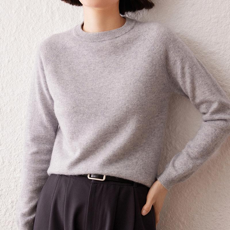 Women's Cashmere Sweater, Autumn/Winter 2026, Round Neck, Raglan Sleeve, Gentle, Loose Slimming Fit, Solid Color.
