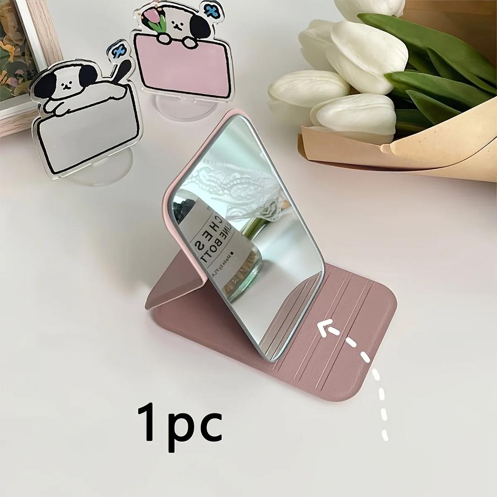 1pc Elegant Folding Mini Makeup Mirror with PU Stand, Portable Glass Cosmetic Mirror, Hand Washable, for Dorm and Desktop Use