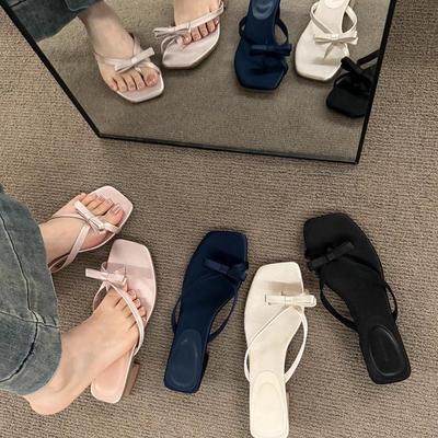 Красивые пуанты, сандалии феи, маленькие, для отпуска, на толстом каблуке, тапочки с бантом, французские, 2025, новые сандалии, клипсы, лето