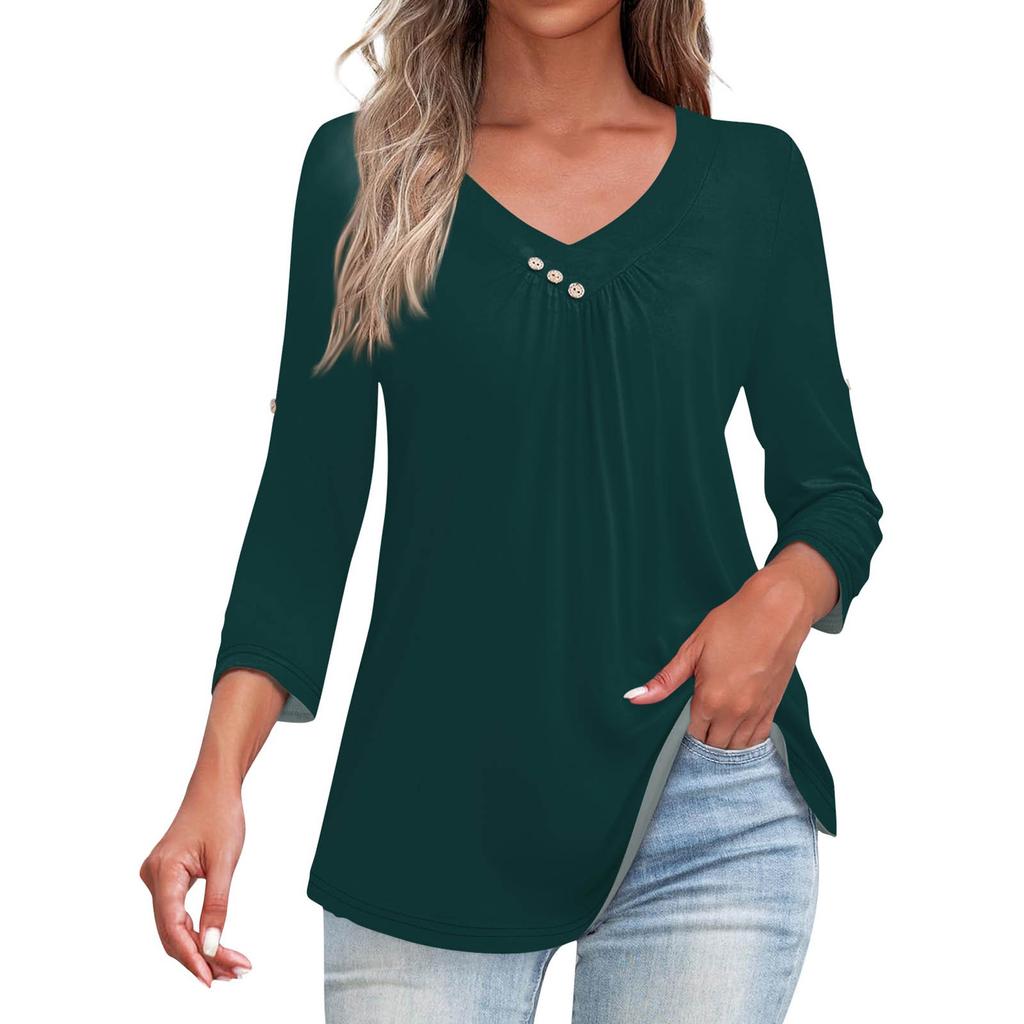 Shirts For Women Trendy V Neck Button T Shirts Casual Solid Color Summer Tees T Shirt Blouse Three Quarter Sleeve Tops For Women