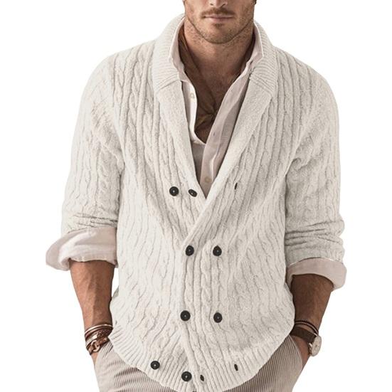 Осень-зима мужской свитер двубортный с пуговицами и лацканами, длинные рукава, скрученная текстура, однотонный, плотный, эластичный, трикотажный