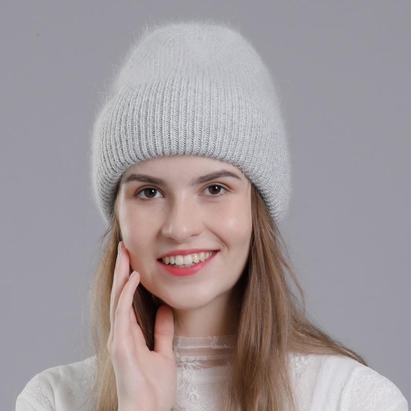 Women Autumn Winter Versatile Rabbit Hair Warm Knitted Wool Solid Color Pullover Hat