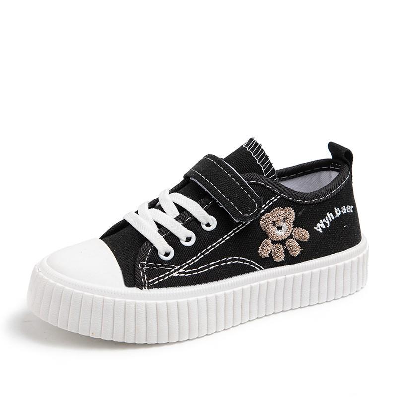 Kids Canvas Sneakers With Cartoon Bear Design Breathable Low-Top Casual Shoes Boys Girls Ages 4-12