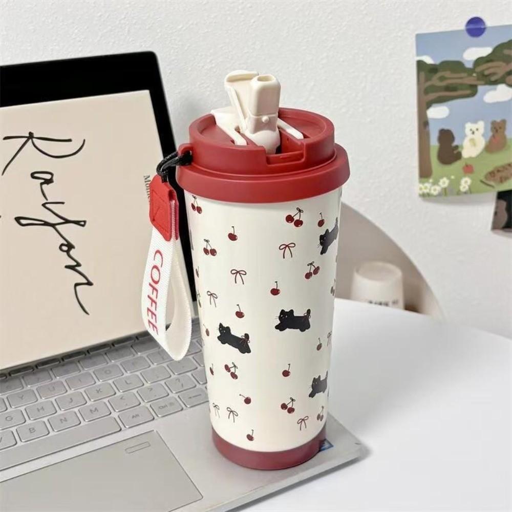 Cartoon Cat Pattern Coffee Cup Leak-Proof Straw Cup Portable Insulated Cup Office
