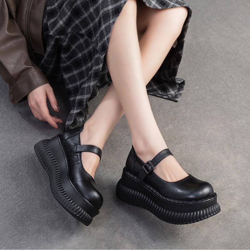 Johnature Mary Janes Shoes Genuine Leather Flat Platform Shoes Buckle Thick Soled Height Increasing Sandals