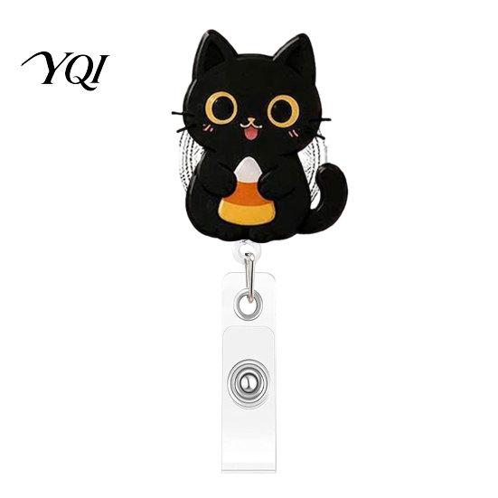 Badge Clip for Work Clothes Halloween Black Cat Pumpkin Reel, Retractable with 360 Degree Rotating Clip, Acrylic Decorative Reel ID Card Holder