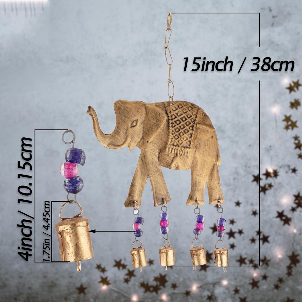 HANDMADE RUSTIC ELEPHANT WIND CHIME with Cow Bells, Boho Garden Art for Patio Porch Balcony, 15 Inch Gold Metal Wind Catcher Decor