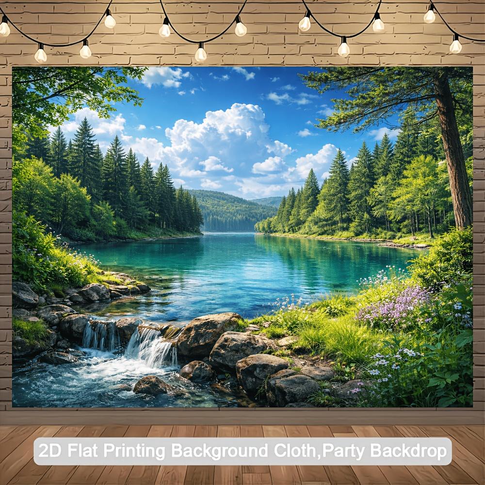 2D flat natural landscape theme banner background fabric featuring forest and lake themes including dense trees