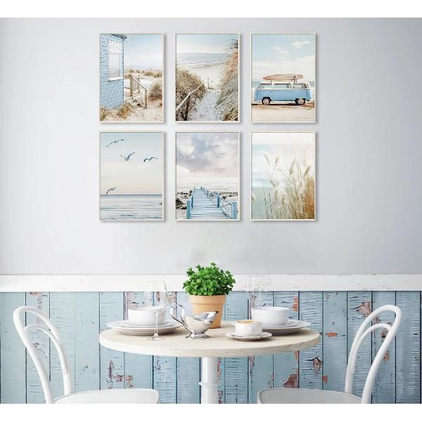 6Pcs Blue Coastal Beach Canvas Wall Art Summer Tropical Ocean Picture Wall Decor Nautical Surfboard Bus Posters Preppy Beach Painting Prints Artwork