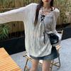 Women Knitting Hollow Design Tops V-Neck Straps Collar Long Sleeve Pullover Tops Solid Color