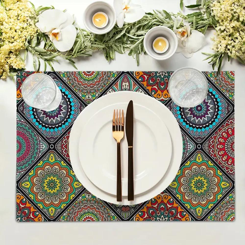 4Pcs Rectangular Boho Mandala Placemats Linen Floral Dining Mats Geometric Table Mat  Dinner