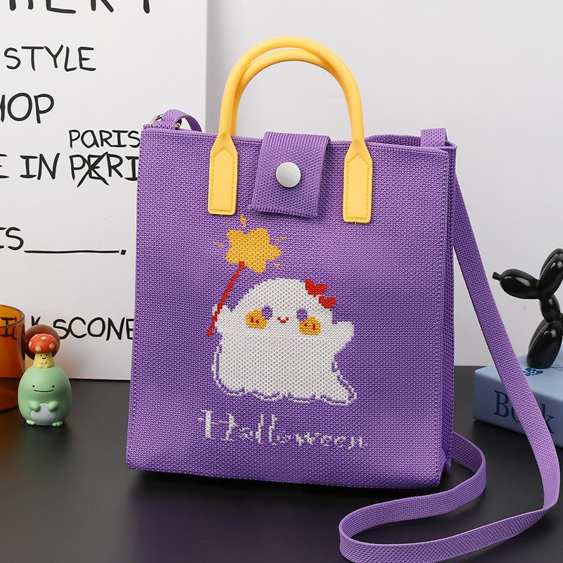 Halloween Themed Knitted Handbag Cartoon Ghost Pumpkin Print Shoulder Crossbody Bag Women Casual Phone Pouch Halloween Gift Bag