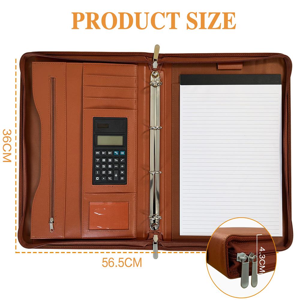 Portfolios Organizer 4-Ring Binder Leather A4 Zippered Padfolio with 10 Inch Tablet Solar Calculator Card Storage and Writing Pad