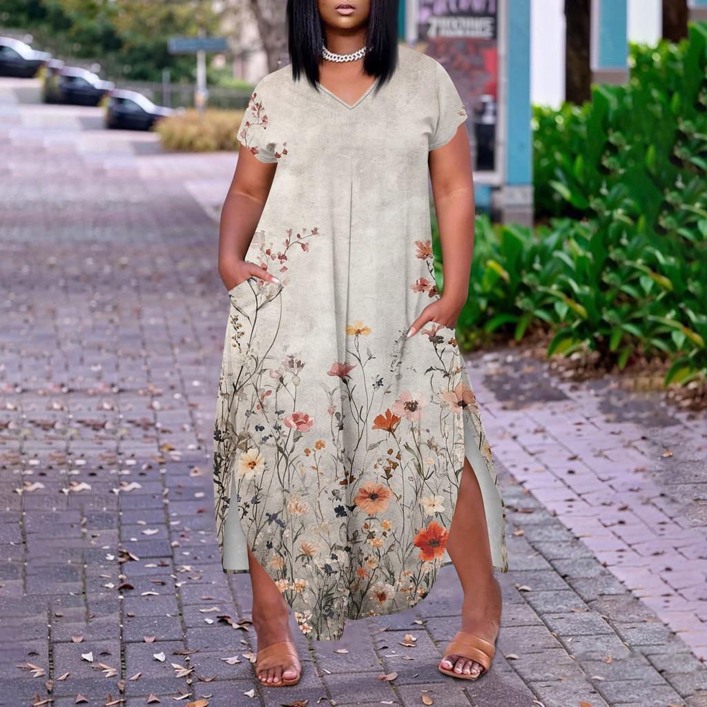 Женское платье макси с цветочным принтом, летнее повседневное платье с коротким рукавом, сарафан с V-образным вырезом, длинные платья с карманами, пляжный отдых