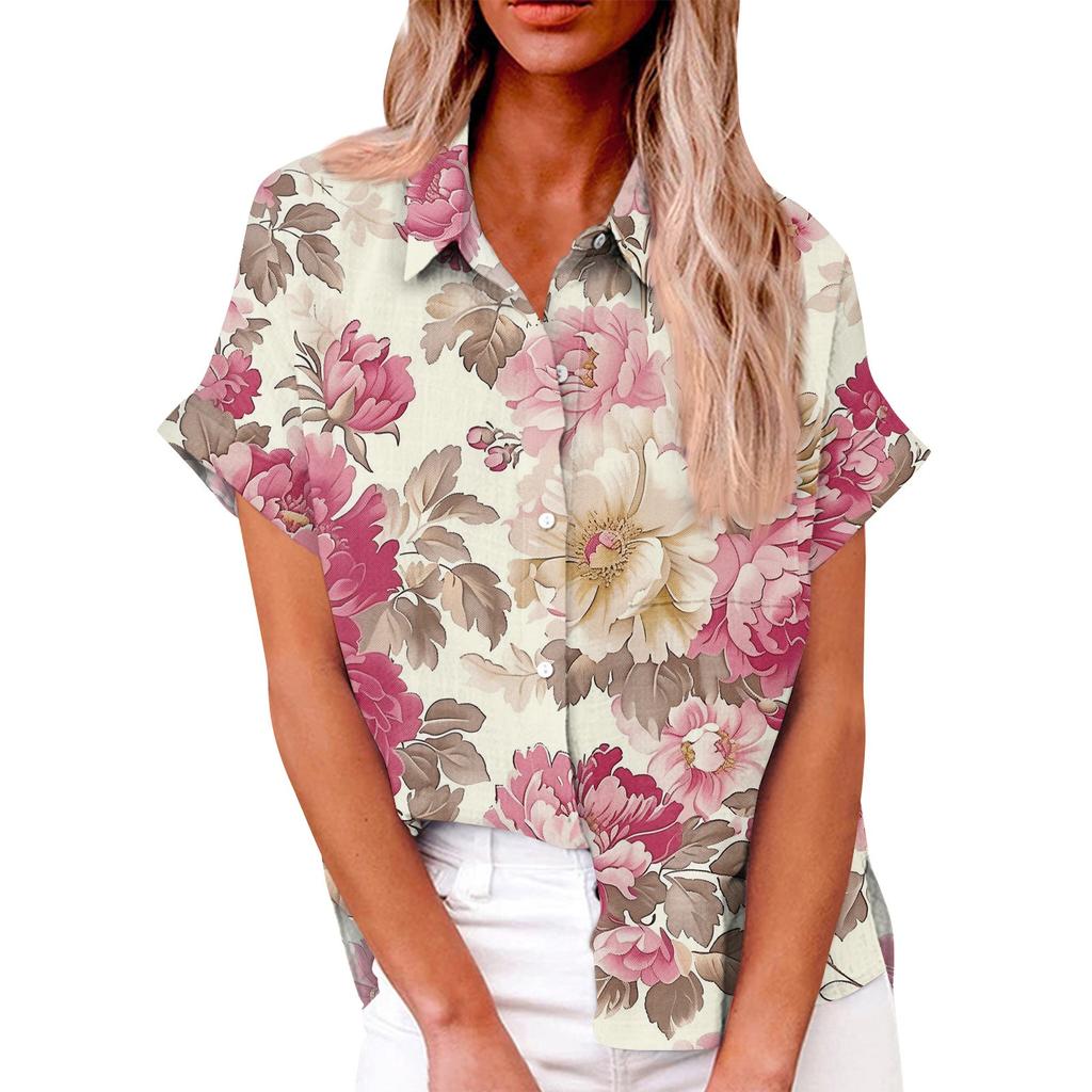 Женская модная свободная повседневная рубашка с коротким рукавом и отворотом на пуговицах, футболка с принтом, топ