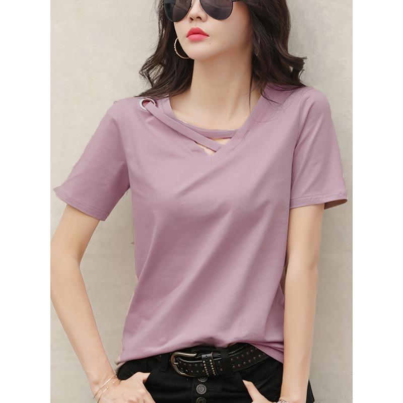 Женская повседневная модная летняя белая футболка с V-образным вырезом