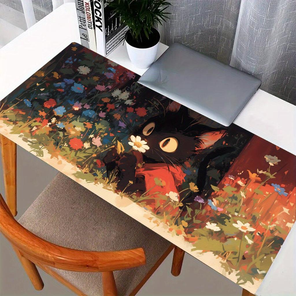 1pc Black Cat in Flowers Anime Mouse Pad Big Large Desk Mat Non-Slip Rubber Base Long Keyboard Mousepad for PC Computer Laptop Unisex