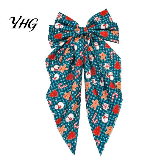 Elegant Long Ribbon Bows Large Christmas Hair Bow for Women Girls, Decorative Clip with Classic Holiday Shiny Satin Clips Prints, Tail Barrettes