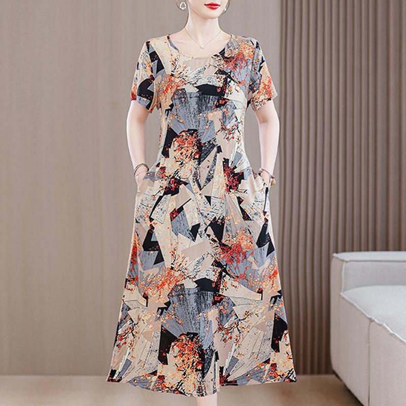 Летнее винтажное платье для женщин, повседневные платья больших размеров с короткими рукавами и поясом, элегантная женская одежда среднего возраста