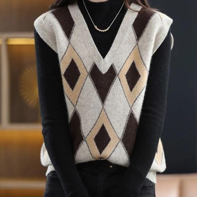 Винтажный клетчатый жилет без рукавов с V-образным вырезом для женщин - мода на весну и осень