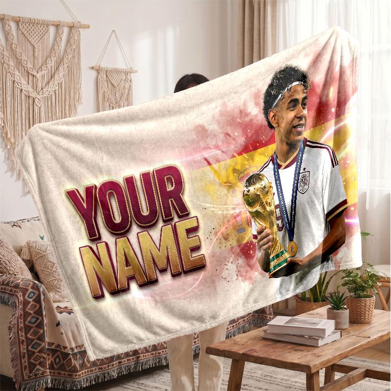 Lamine Yamal Personalized Fleece Blanket With Football Logo, Custom Name Text Soft Warm Home Throw Blanket