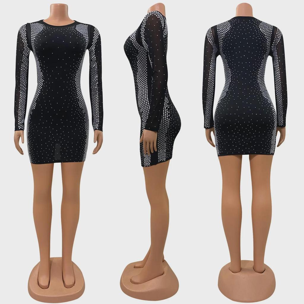 Z2205 Женское сексуальное сетчатое платье с длинными рукавами и бриллиантами для осени и зимы