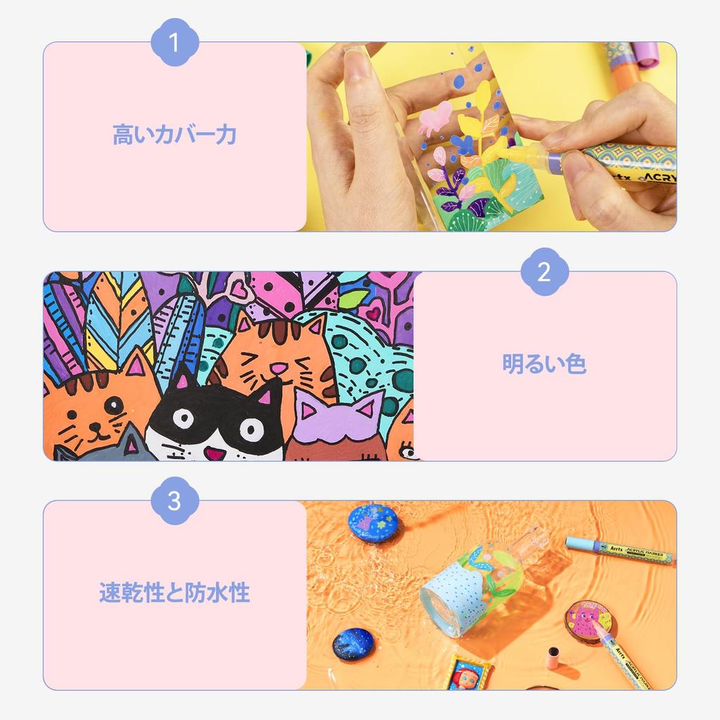 Arrtx Acrylic Paint 3mm Medium Tip Acrylic Marker for Rock DIY and Art Supplies 48-Color Pens, Pens, Non-Toxic, Water-Based, Quick-Drying, Painting,