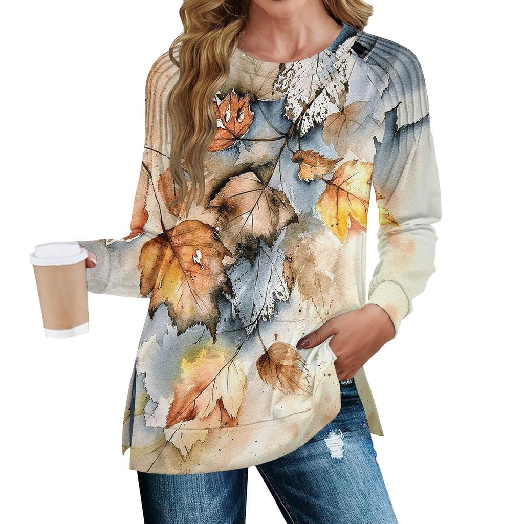 Women's Fashion Casual Split Print Pleated Hem Split Loose Fit Fall Sweatshirt Long Sleeve Top