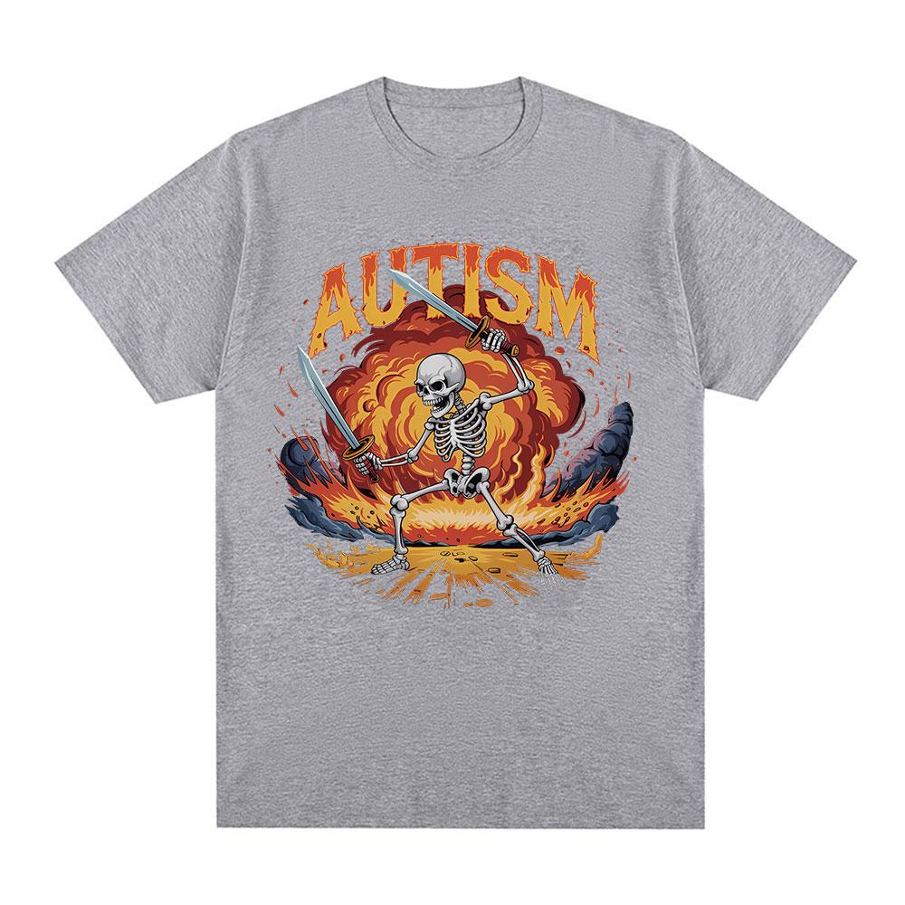 Autism Funny Skeleton Meme Tshirts Men Women Clothing Vintage Summer Short Sleeves Tshirt Cotton Casual Oversized T Shirt Tops