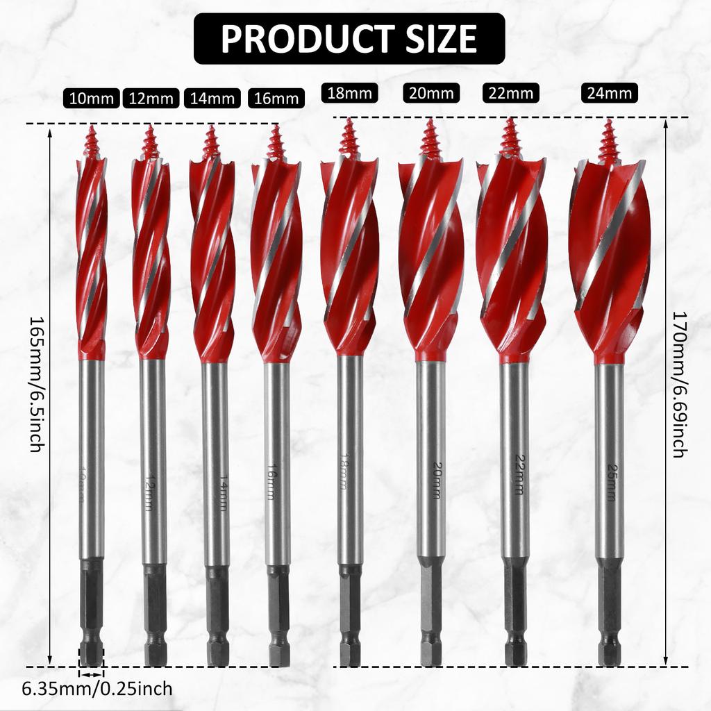 Набор спиральных сверл по дереву, четыре шлица, четыре лезвия, опорное сверло по дереву, винтовые сверла, 10-25 мм, зенковочное сверло