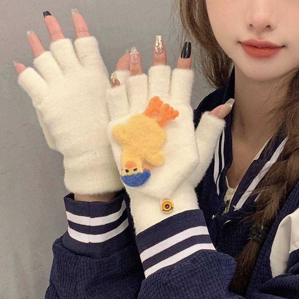 Half Finger Gloves Cartoon Winter Mittens Fashion Flip Plush Gloves Female/Girls