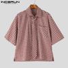 INCERUN Summer Oversized Men Tie Up Neck Half Sleeve Plaid Print Casual Loose Shirts