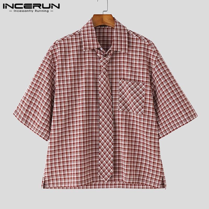 INCERUN Summer Oversized Men Tie Up Neck Half Sleeve Plaid Print Casual Loose Shirts
