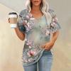 Women's Fashion Pocket V-neck Short Sleeve Plant Floral Print T-shirt Top