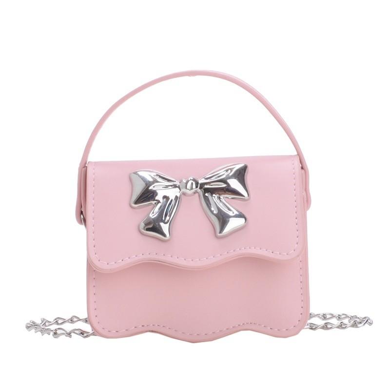 Color Solid Cute Silver Bow Decoration Kid Mini Shoulder Chain Bag For Daily