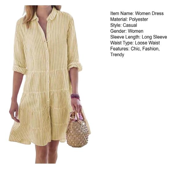 Женское полосатое платье-рубашка на пуговицах, повседневное, свободное, с длинным рукавом, многоярусное, расклешенное, туника, летнее, пляжное, сарафан