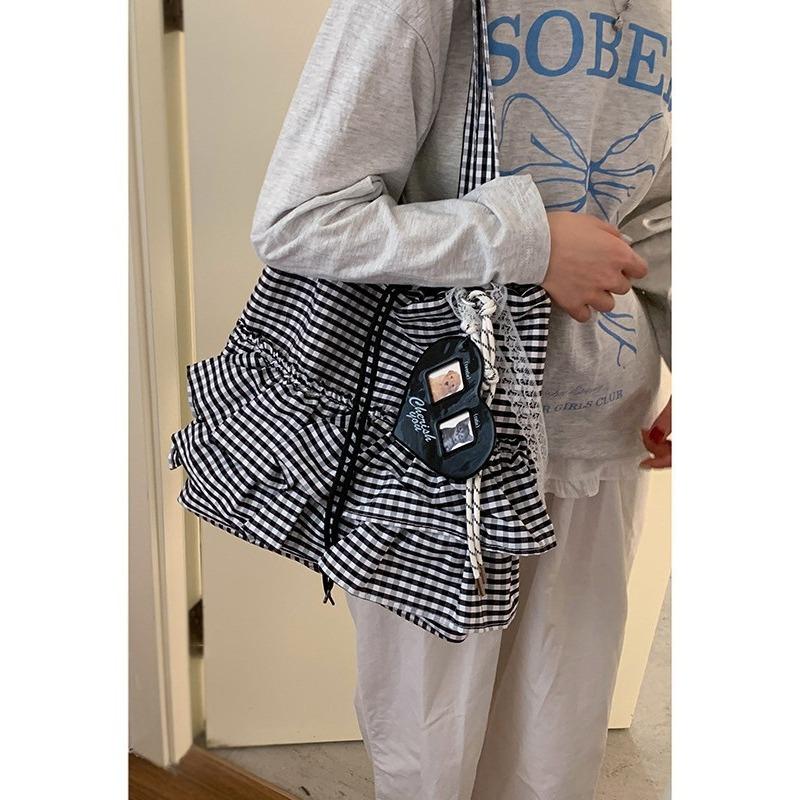 Клетчатая холщовая сумка, женская модная сумка-тоут, большая вместительная кружевная сумка