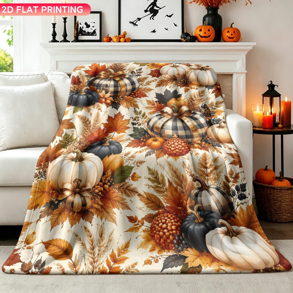 1pc Autumn Harvest Theme Pumpkin Still Life Pattern Flannel Blanket Single-Sided Print Soft Air Conditioning Blanket Office Sofa B