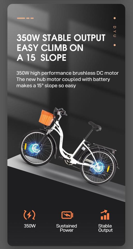 DYU C6 36V 350W Electric Bike - 80km Pedal Assist, Steel Frame & 26" Wheels for Long-Range Commuting