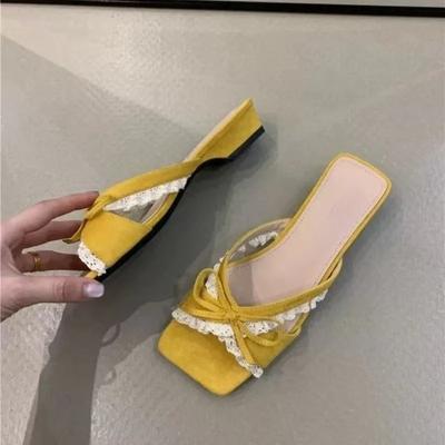 Мода Мода Кружево Крест Бант Тапочки Женские Летние Новые Квадратный Носок Открытый Носок Мягкая Подошва Низкий Каблук Сандалии