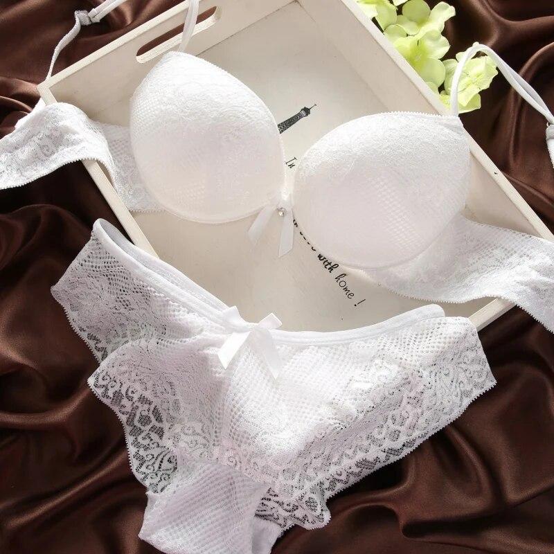 2 PCS Women Lace Bra Set Cotton Embroidery Underwear Push Up Bra and Briefs