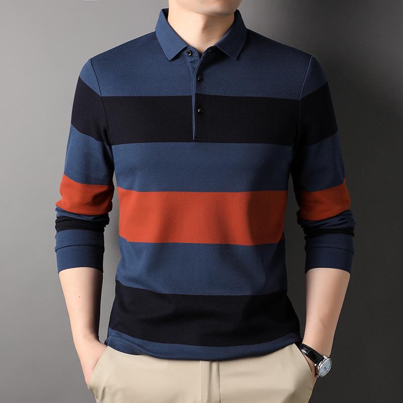 Осенняя новая мужская одежда среднего возраста, рубашка поло с лацканами, подходящая по цвету, модная полосатая хлопковая футболка с длинными рукавами