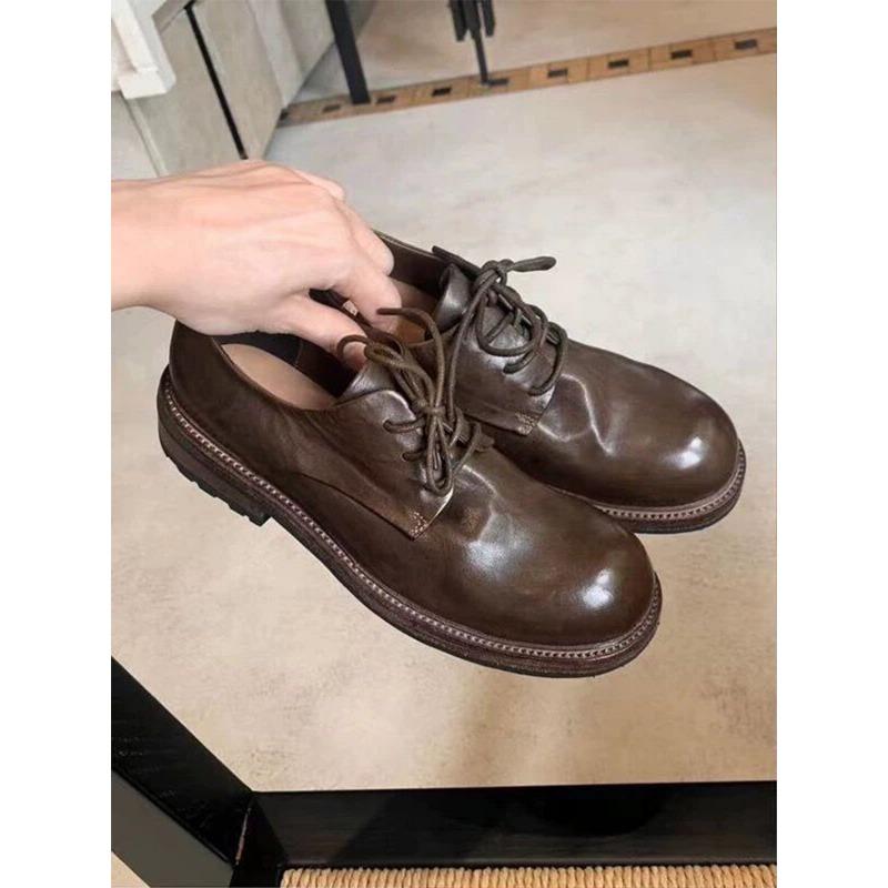 Вымытая лошадиная кожа~ Натуральная кожа ретро британские шнурованные маленькие кожаные туфли женские осенне-зимние новые Дерби на толстом каблуке туфли-лодочки