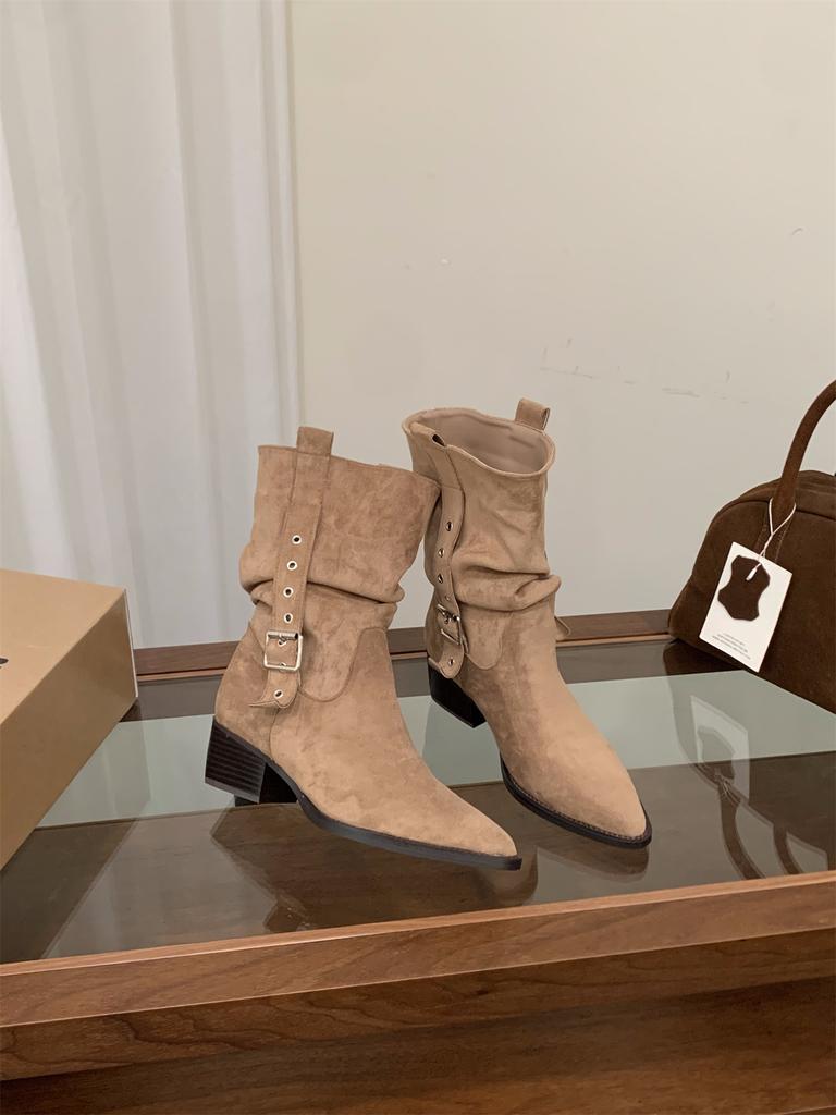 Женские ботильоны Мартин на высоком каблуке, замшевые, с острым носком, узкие, осенне-зимние 2025, в стиле вестерн, ковбойские, средней высоты, на подкладке, короткие