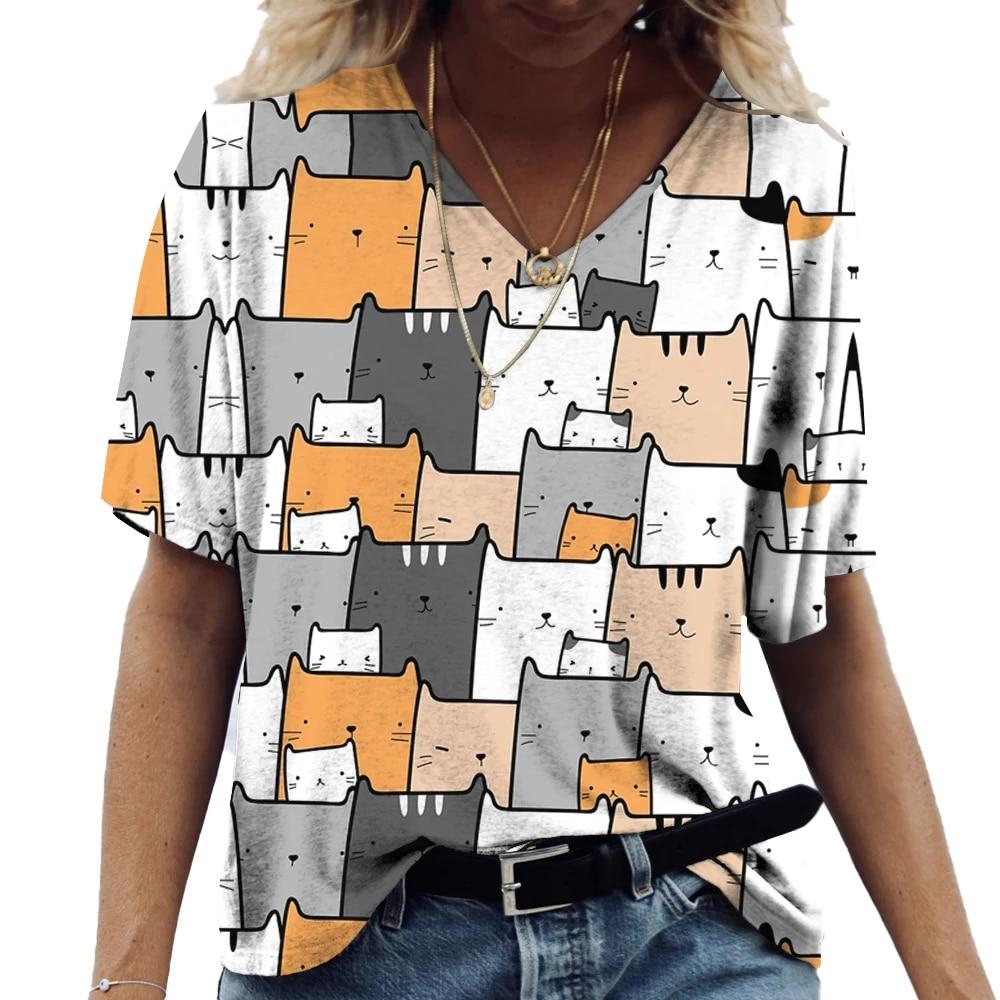 Женская футболка с рисунком котенка в стиле аниме, одежда с принтом для девочек, блузка с v-образным вырезом, пуловер в стиле Харадзюку, летние футболки большого размера с короткими рукавами