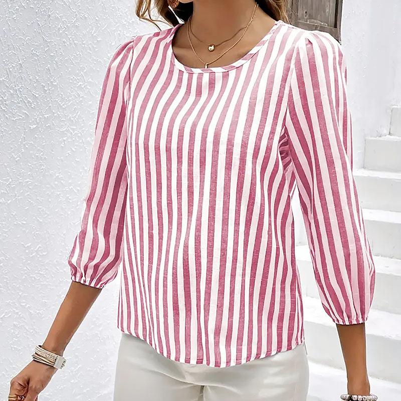 Ladies Spring Summer Half Sleeve All Match Pullover Striped Blouse Shirt Top