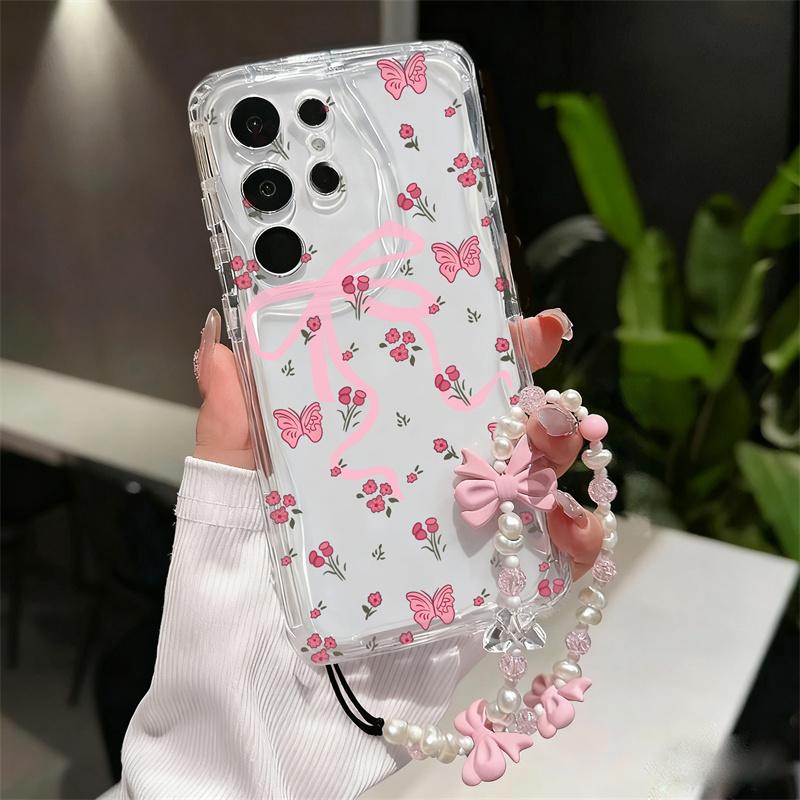 Чехол для Vivo V60 V40 V50 Lite Y31 5G Y33S Y21S Y28 4G Y17S Y04 Y03 Y29S Y28S Y18 Y400 Розовый Бант Браслет-цепочка Чехол