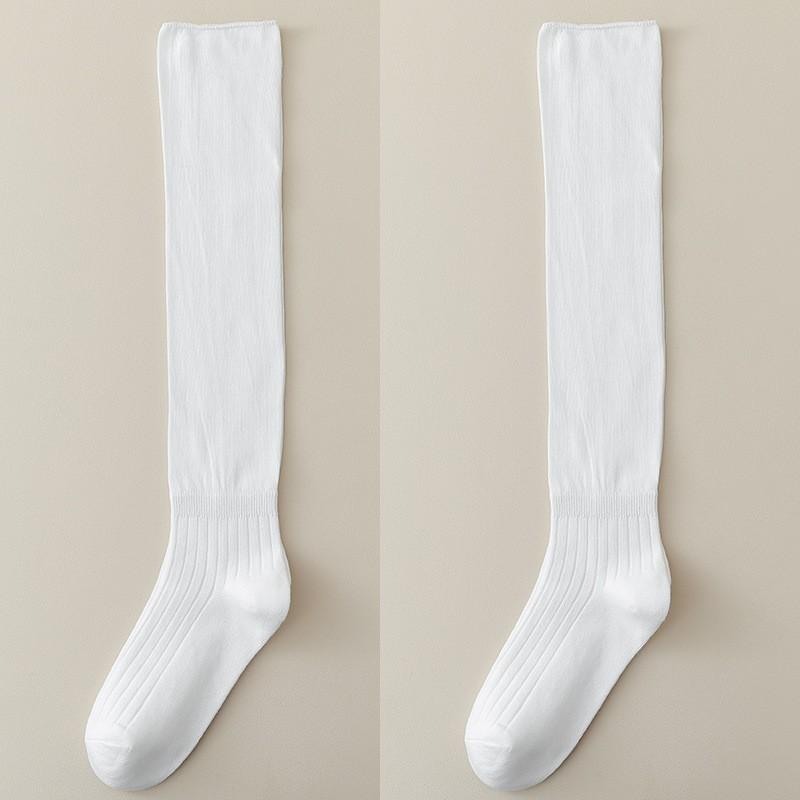 Womens Thin Solid Color Over-the-Knee Socks With Ruched Layering Design Cotton Blend Casual Long