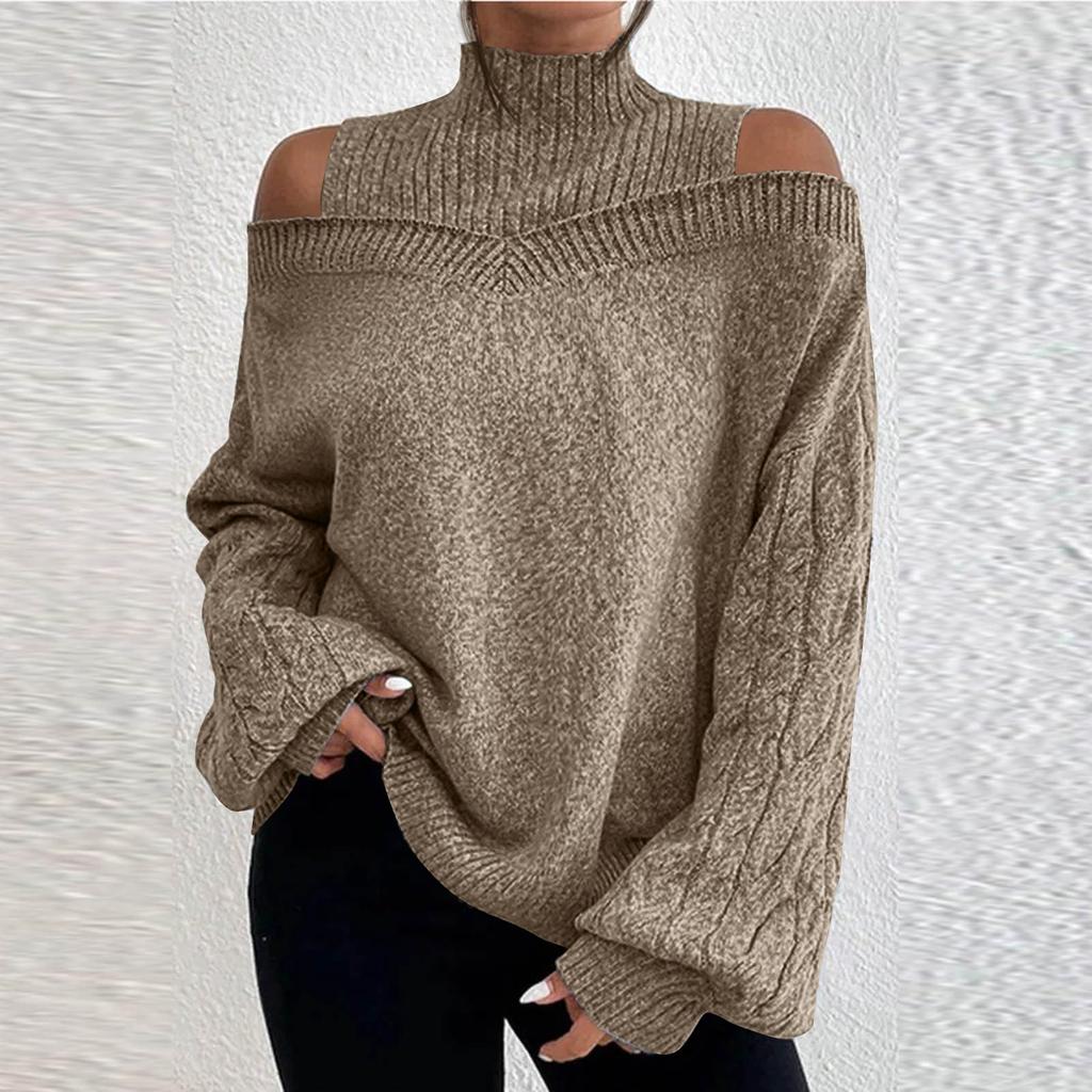 Women's Fashion Off-shoulder Sweater Pullover Loose Half-high Collar Long Sleeve Knit Cardigan