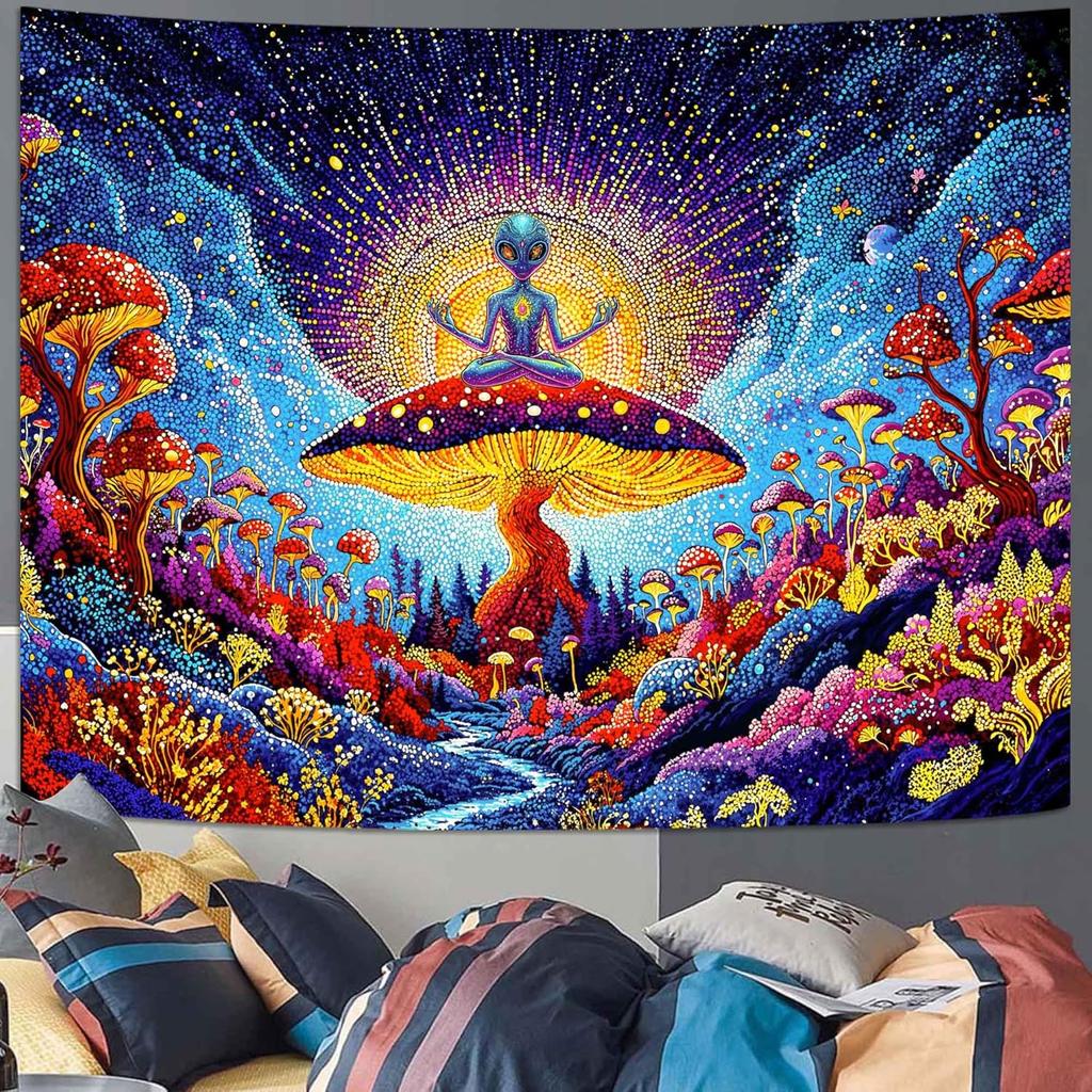 Yeoiat Meditating Alien Mushroom Tapestry Fantastic Wonderland Wall Hanging Aesthetic Decor for Bedroom Dorm Living Room, 60x44 Inch
